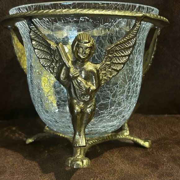 Vintage 3 Leg Brass Cherubs Cupid Pedestal Stand With Crackle Glass Bowl - Picture 6 of 16